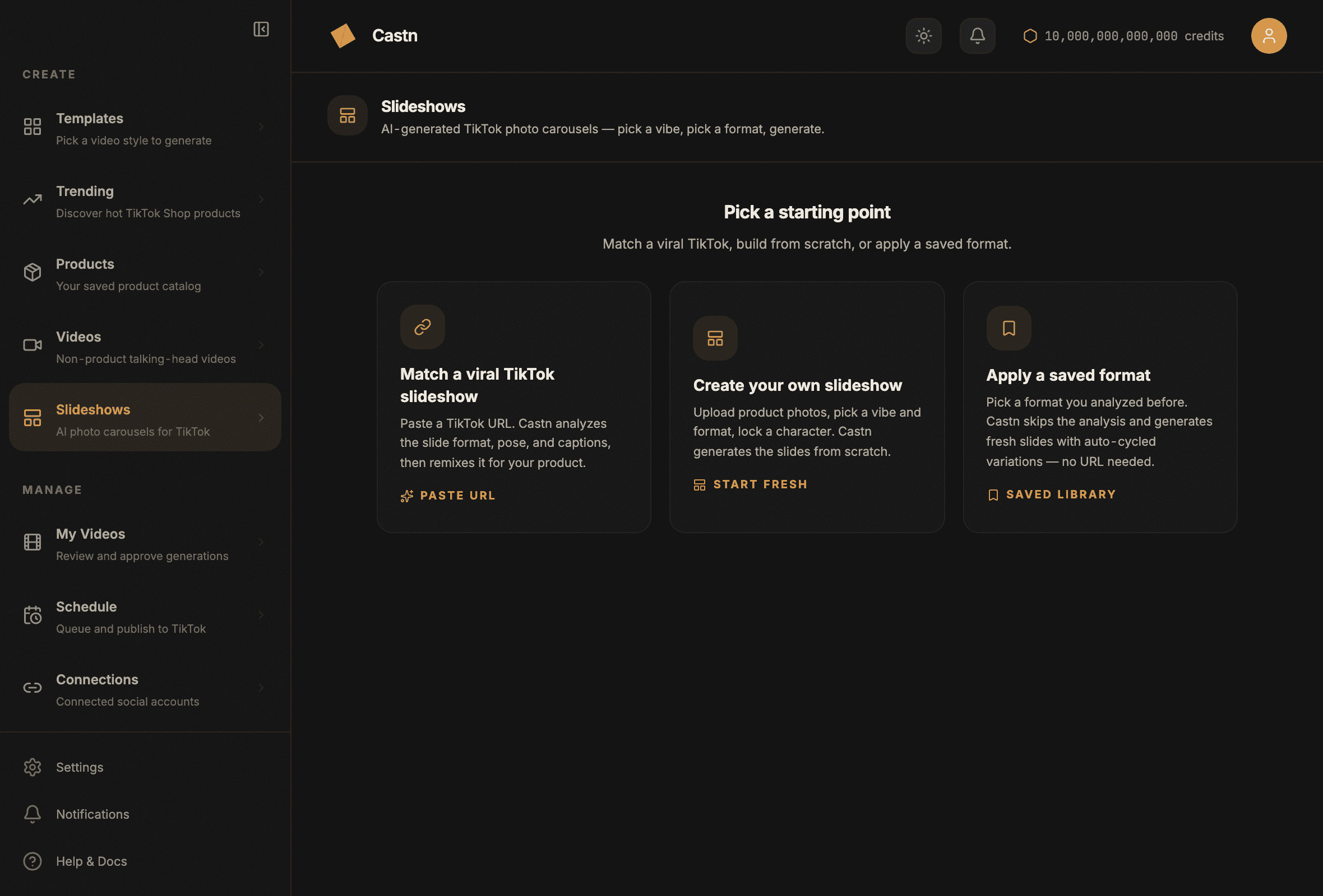 Castn slideshows tab: match a viral TikTok, build from scratch, or apply a saved format